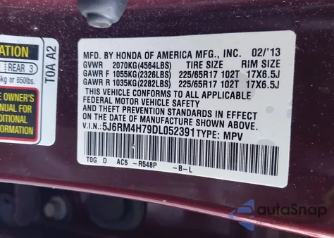 2013 Honda Cr-V Ex-L from USA, damaged, VIN 5J6RM4H79DL052391